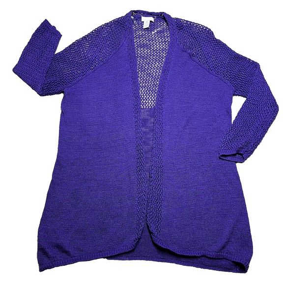 Chicos Open Knit Purple Cardigan Sweater Sz 2 Large Long Lightweight Open Front - Picture 2 of 7